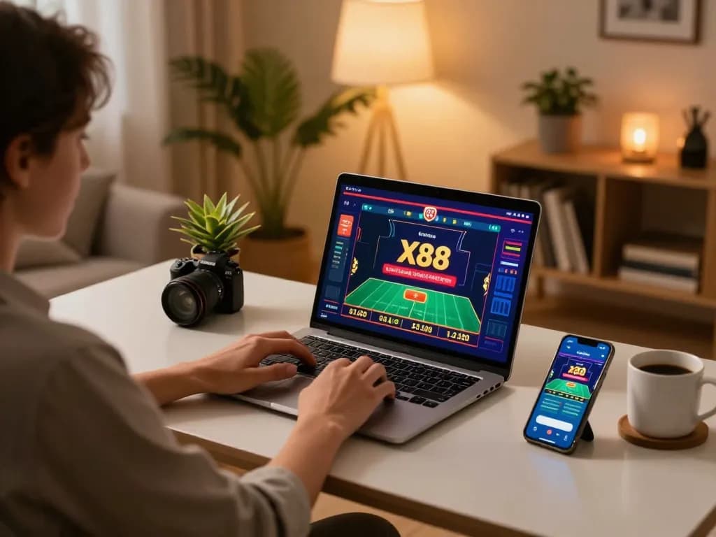 X88 online casino gaming setup with laptop and mobile app, cozy and inviting atmosphere