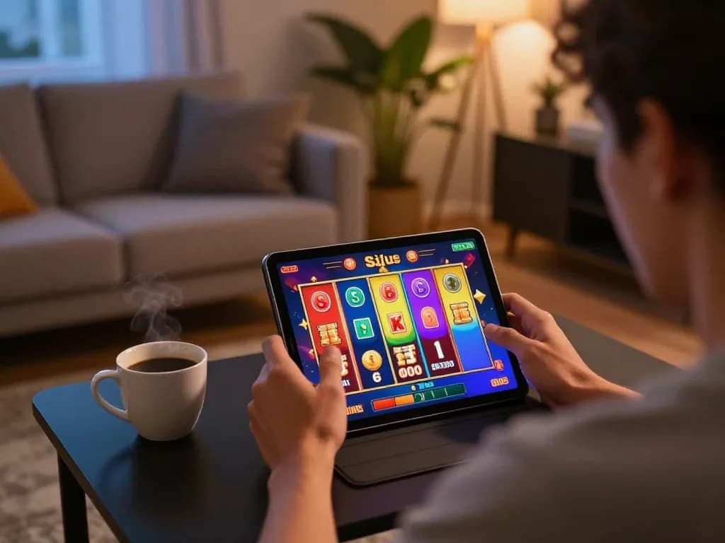 Terlibat dalam permainan situs slot online di tablet, menampilkan grafis yang hidup dan suasana yang nyaman.