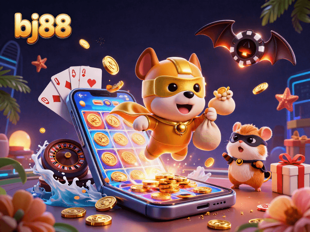 Experience thrilling gameplay with bj88 as a superhero dog flies with gold coins and casino elements.