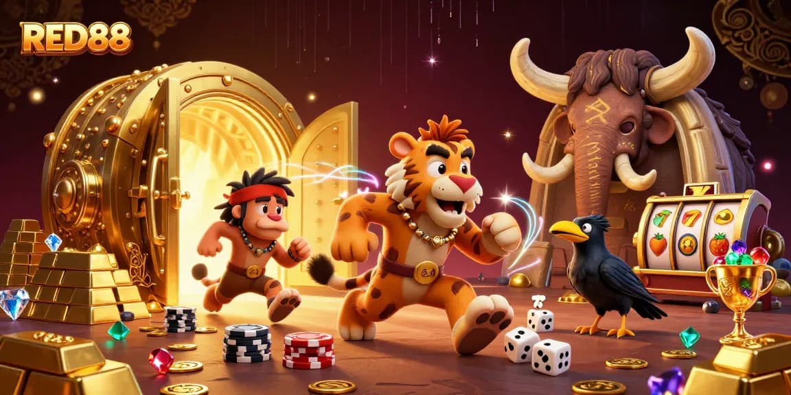 Experience thrilling wins at RED88 in this dynamic casino scene filled with treasures and games.