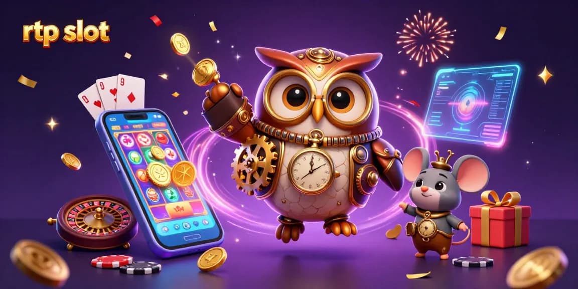 Experience the thrill of rtp slot gaming with a whimsical owl and mouse in a festive casino scene.