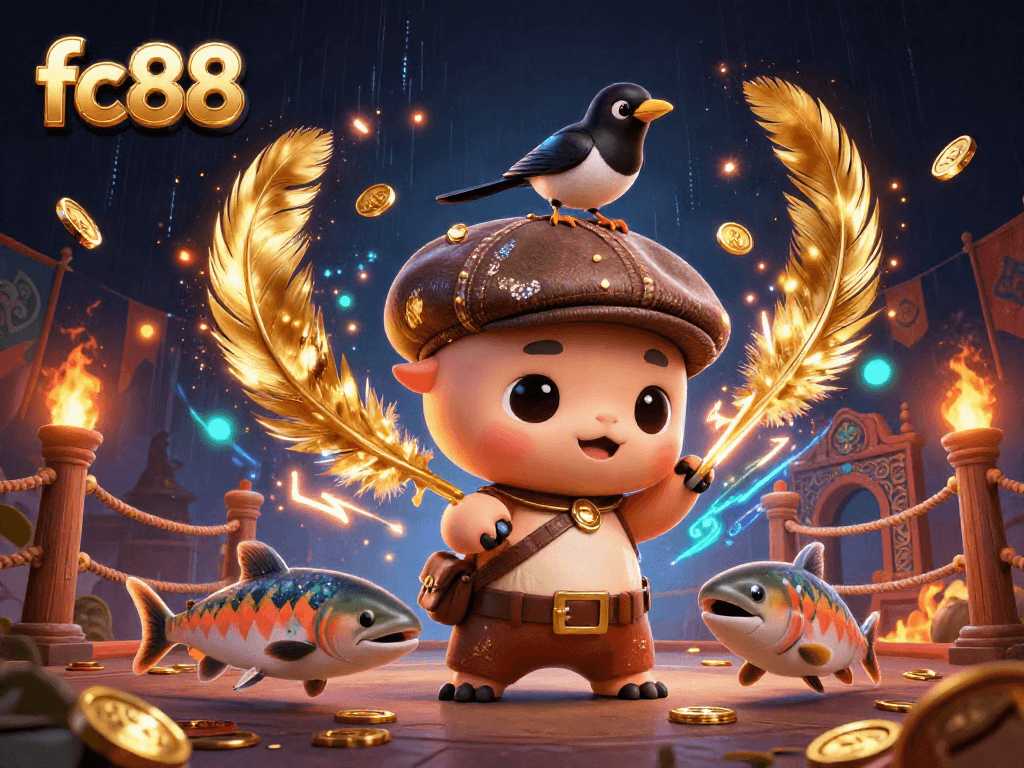 Hình ảnh mang thương hiệu fc88 với động vật dễ thương, tạo không gian sòng bạc năng động.