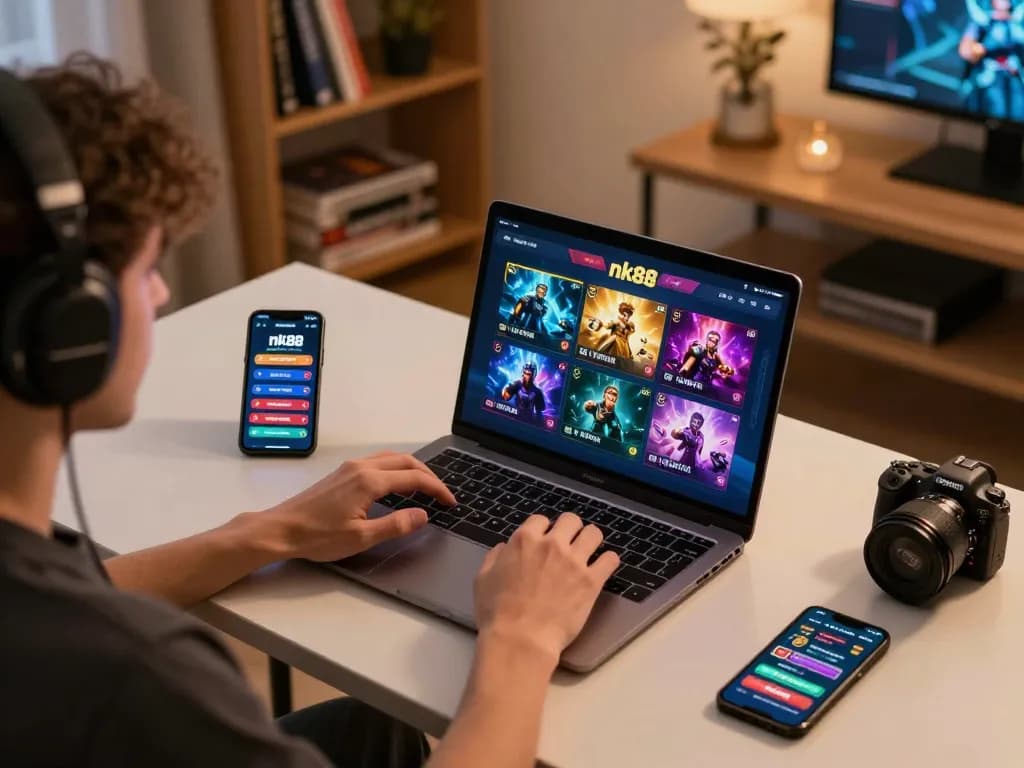 Engaging with nk88 casino app on laptop in a cozy home gaming setup with warm lighting.