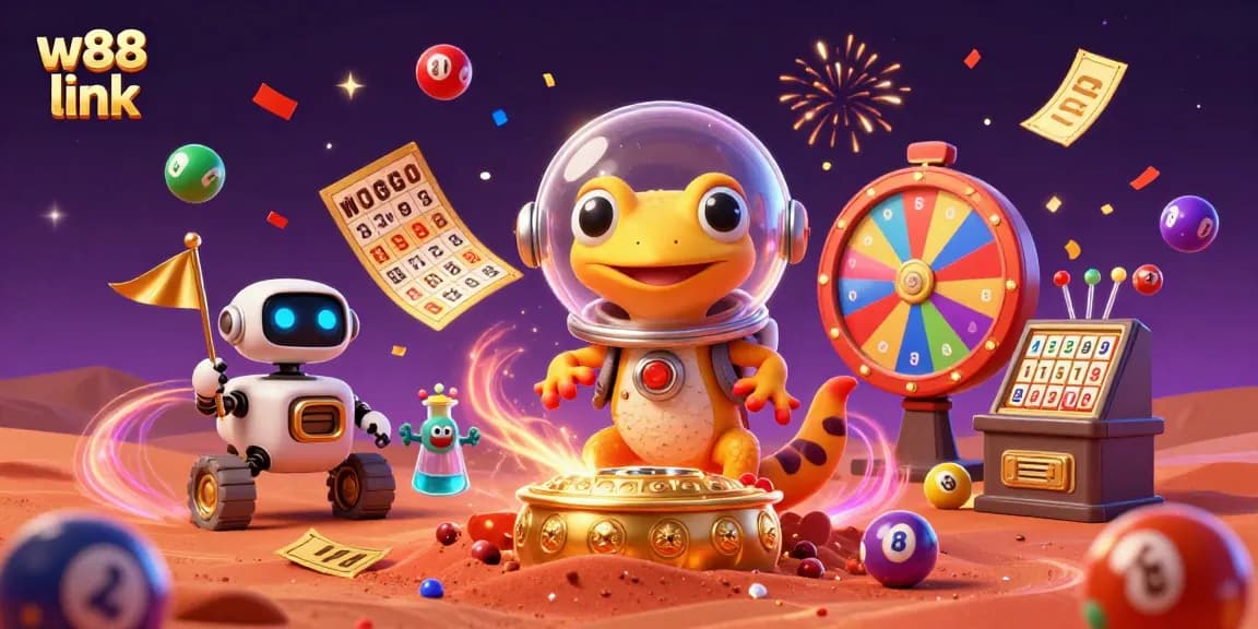 Engage with w88 link to explore a vibrant 3D casino scene featuring a Martian gecko and dynamic gaming elements.