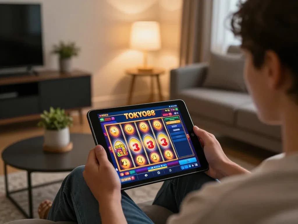 Bergabung dalam permainan slot TOKYO88 di tablet dalam suasana ruang tamu yang nyaman.