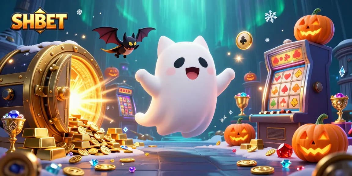 Join the fun at SHBET with a ghost cat and bat companion in a vibrant casino atmosphere.