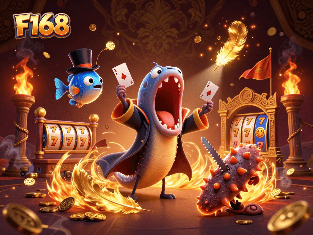 F168 online casino features a magical scene with unique characters performing tricks and slot reels.