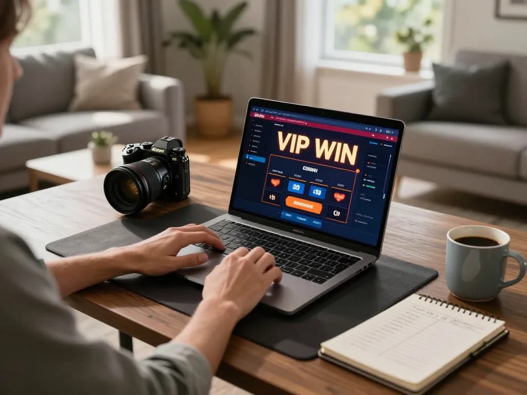 Engaged player using vip win casino interface on laptop in a cozy home environment