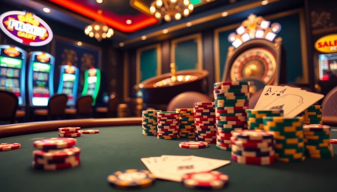 Exciting gambling atmosphere with F8BET poker table, roulette wheel, and colorful chips.