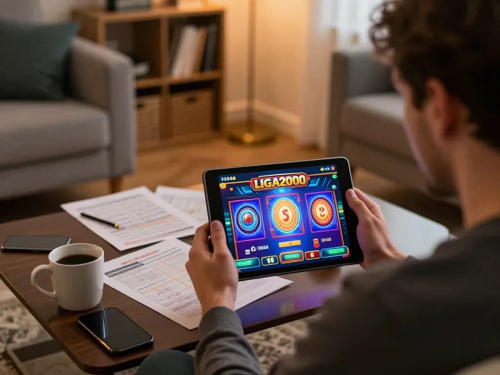 LIGA2000 online slot game engaging player celebrating a win in a cozy home setup