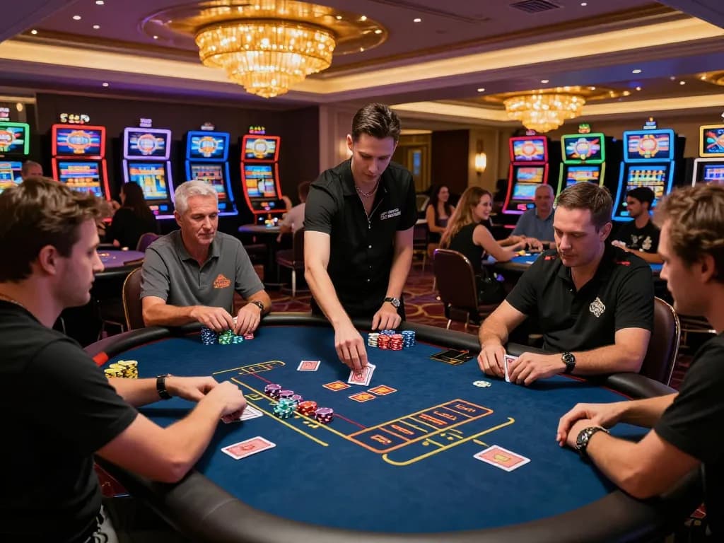 Players strategizing at open 88 poker tables in a luxurious live casino setting