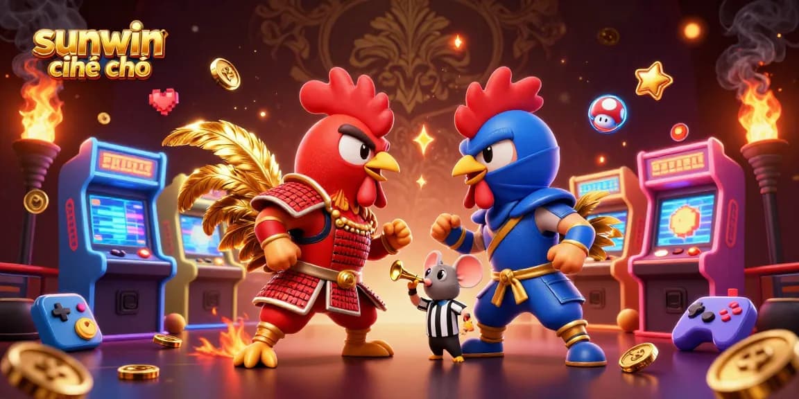 Compete in exciting games at sunwin chính chủ with fighting roosters amidst neon arcade machines.