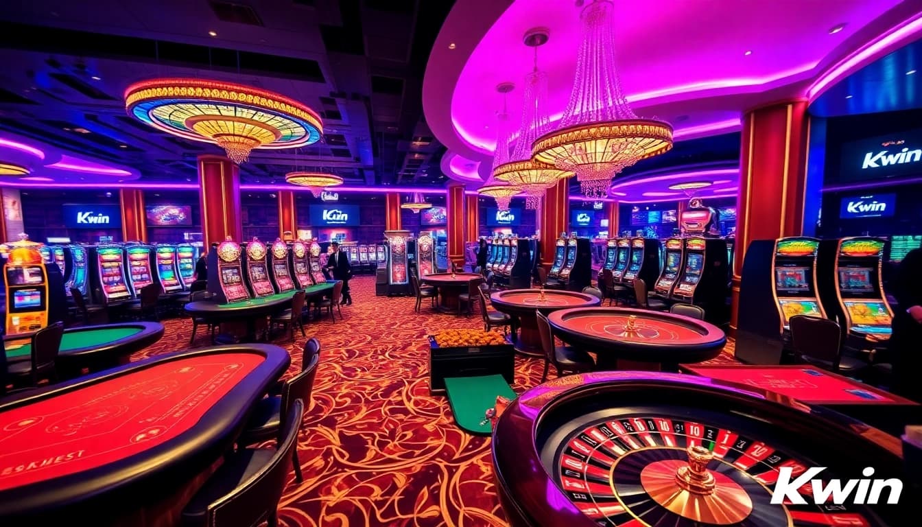 Kkwin casino atmosphere featuring vibrant slot machines and poker action in an upscale environment.
