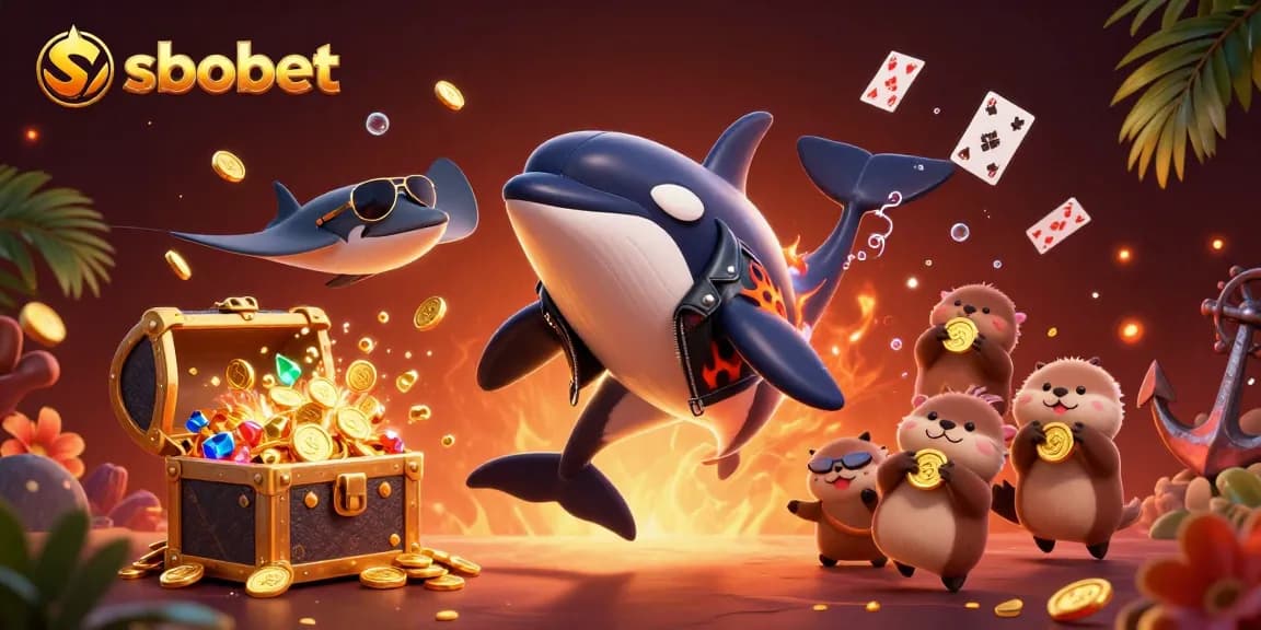 Sbobet showcases a dynamic gambling scene with an orca, stingray, and otters holding coins.