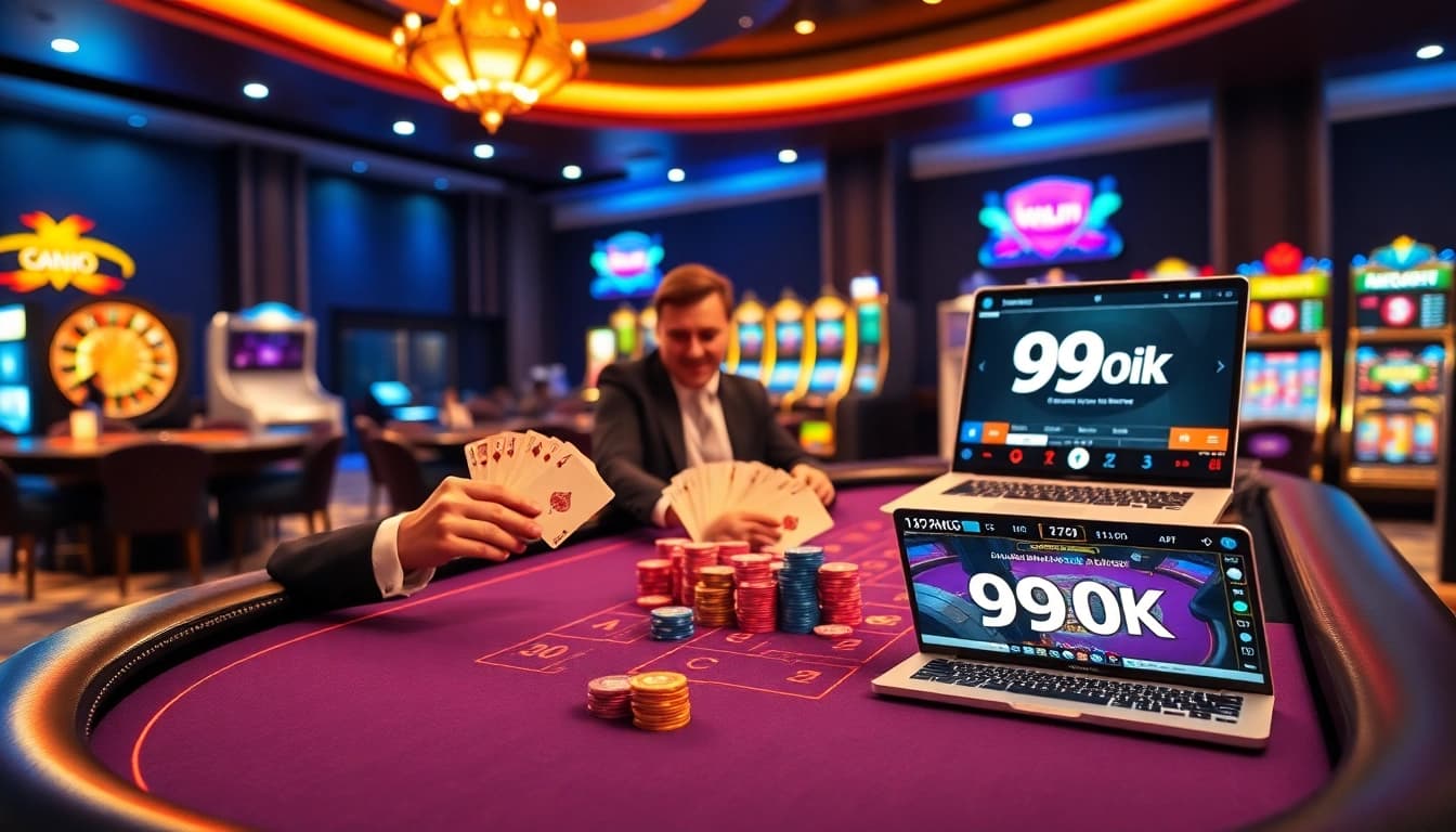 Experience thrilling baccarat gameplay at 99ok with vibrant cards and chips in a luxurious casino setting.