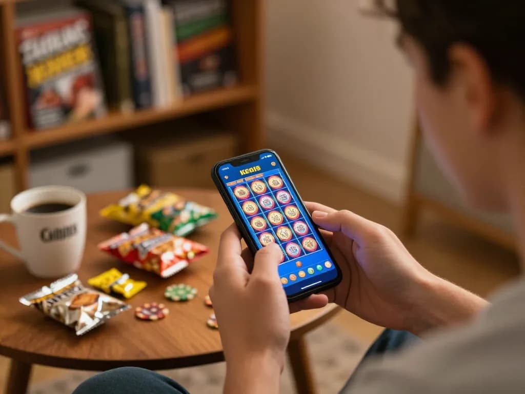 Engaging online slot bet kecil gameplay on smartphone with vibrant graphics and cozy setting.