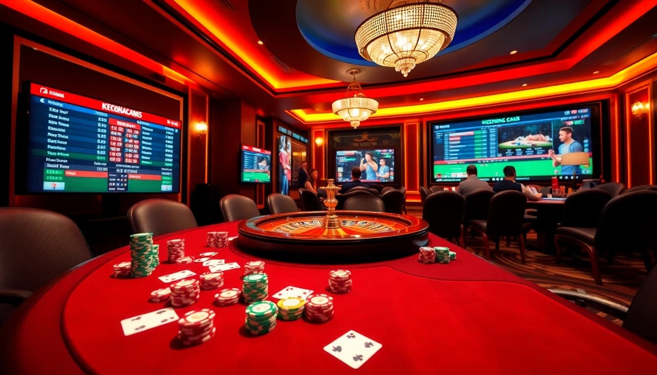 Players engaging in high-stakes poker at keonhacai5 casino, with vibrant chips and cards.