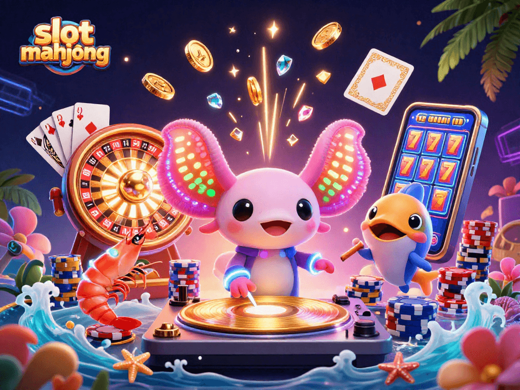 Engage with slot mahjong on a vibrant 3D illustration showing a neon axolotl DJ and animated sea creatures.