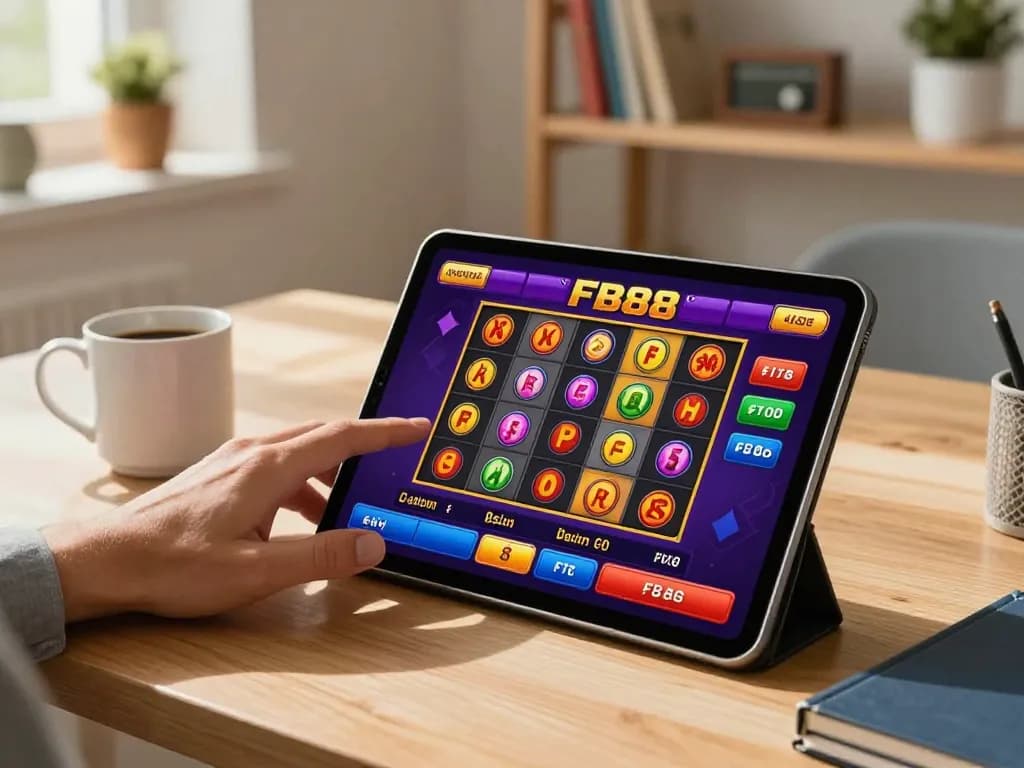 Engaging online player enjoying FB88 slots on a tablet in a cozy home setup