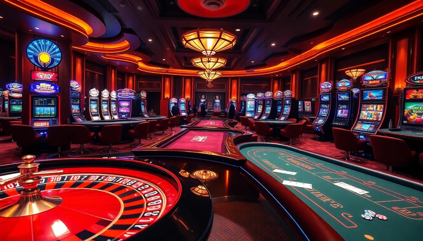 Join the excitement of k88win with a vibrant casino scene showcasing roulette wheels and slot machines.