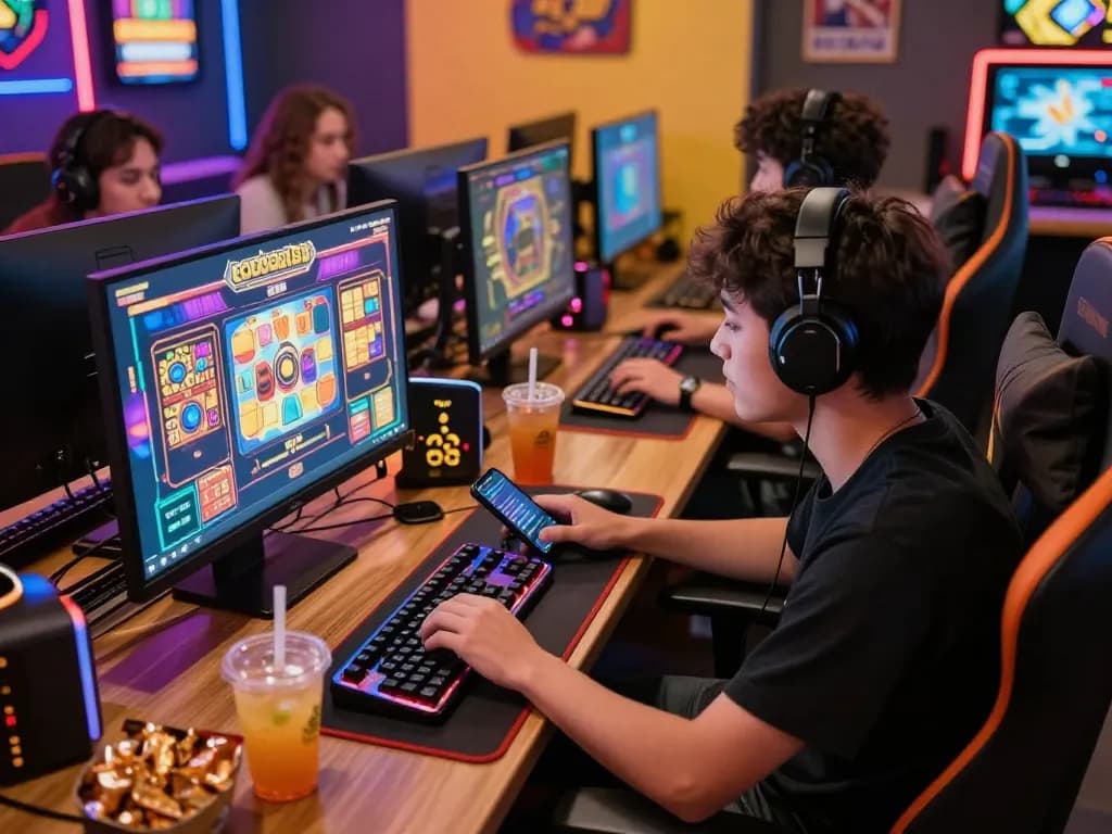 Pemain yang terlibat menikmati permainan slot laoban188 di pengaturan permainan modern yang cerah dengan visual dinamis.