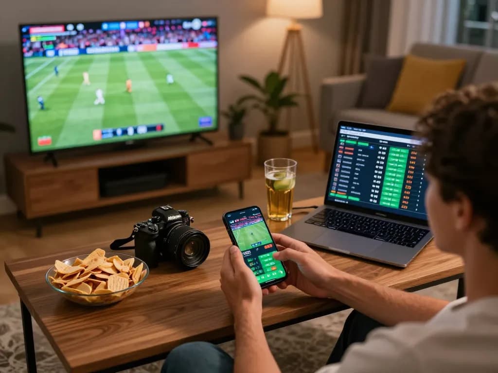 Bsport user watching live sports while placing strategic bets on a mobile app during a game.