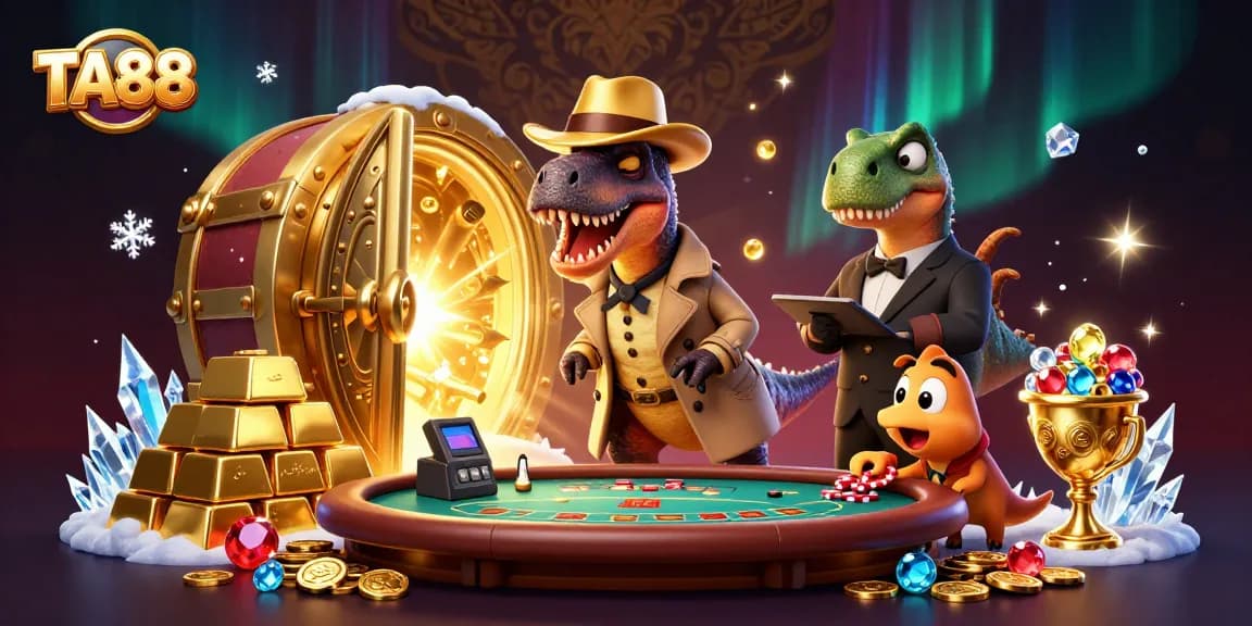 Engage in an exciting TA88 casino experience with cartoon characters in a vibrant 3D scene.