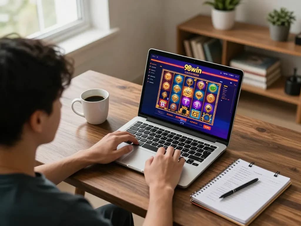 Player enjoying online gaming at 98win, with vibrant slot game interface and strategic notes visible.