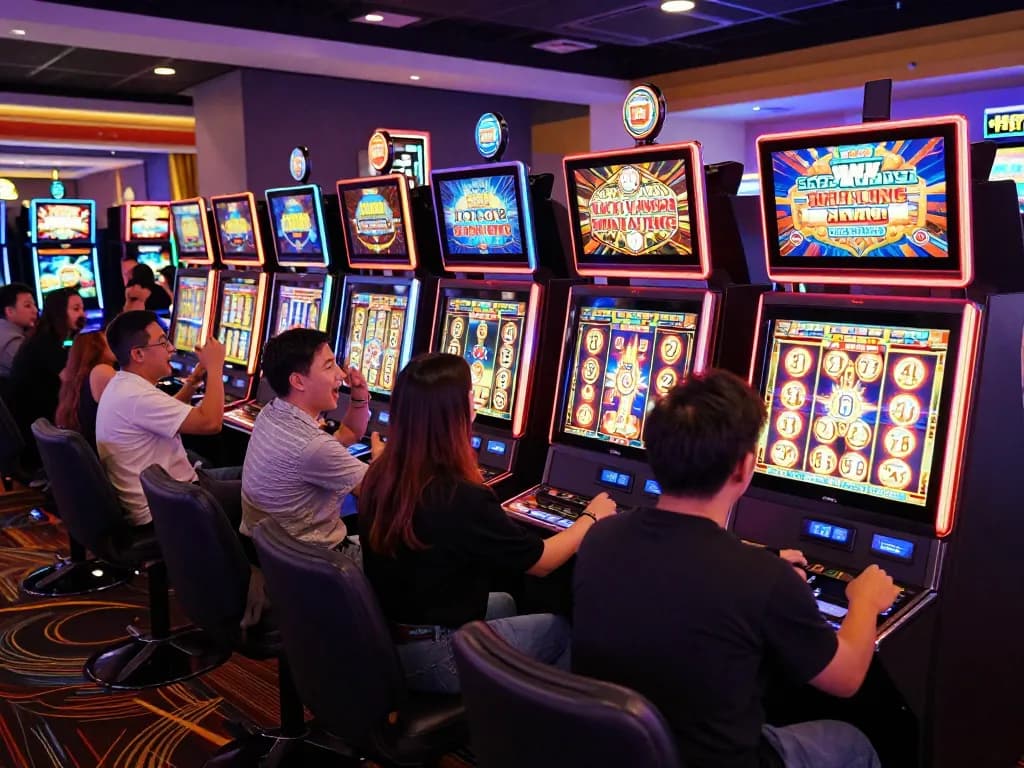 Players enjoying slot gacor machines in a vibrant casino, highlighting excitement in gameplay.