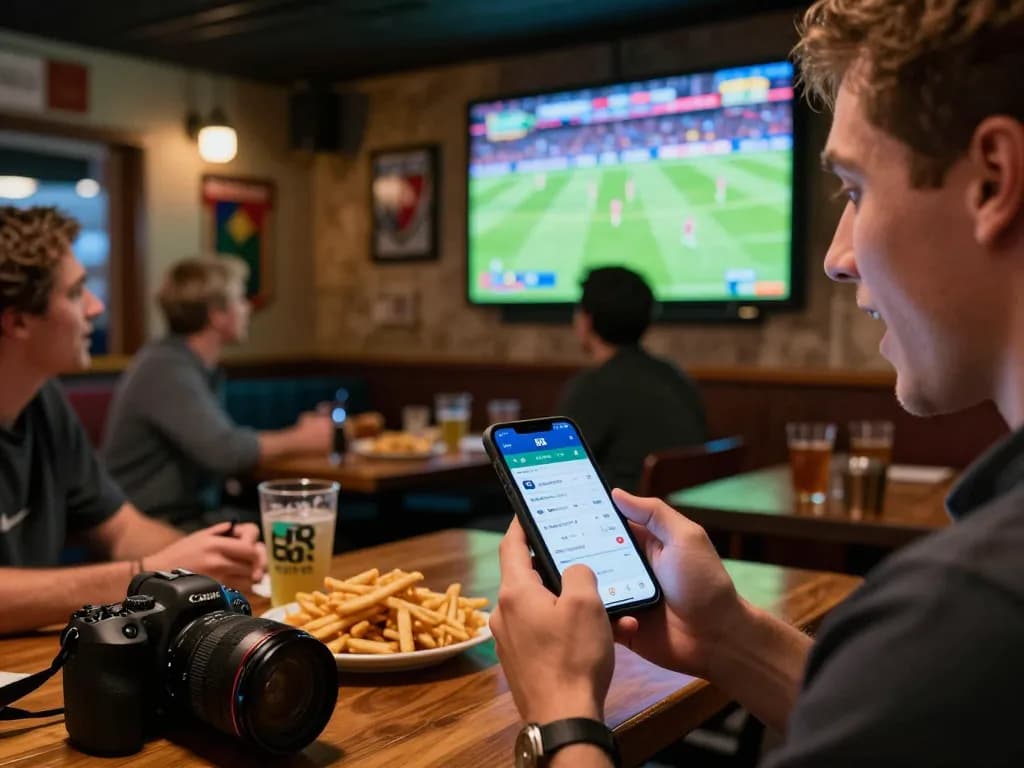 Placing bets on open 88 during live football match in a vibrant sports bar setting.