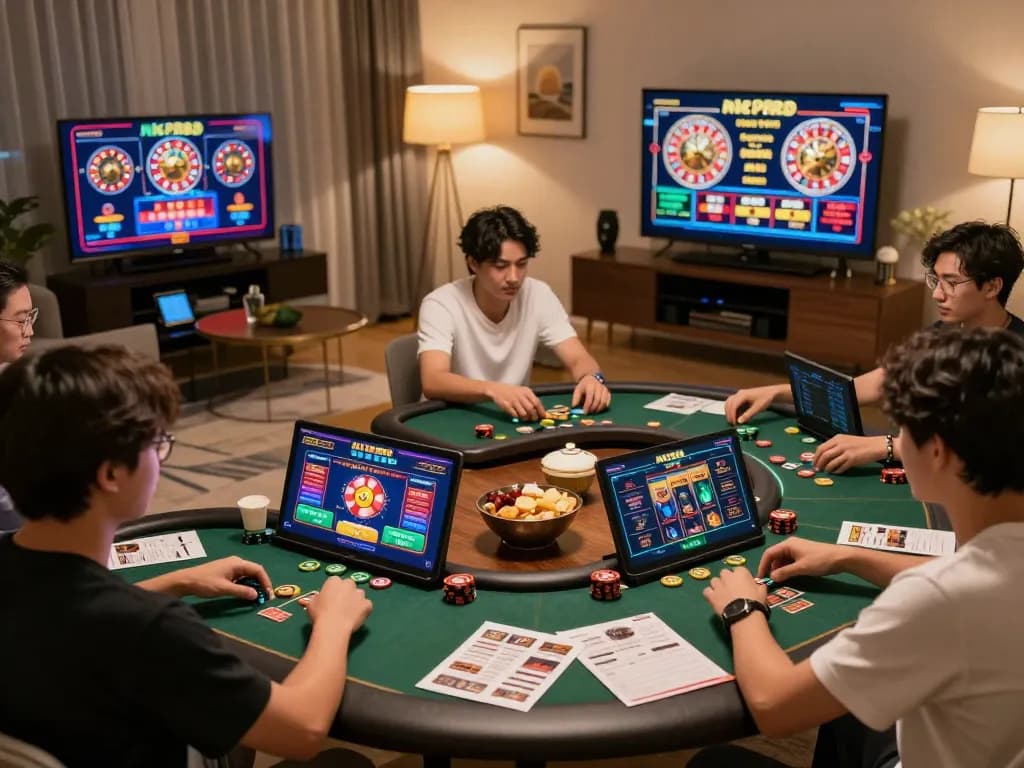Engaging online gaming scene with players using nk888 app in cozy setting