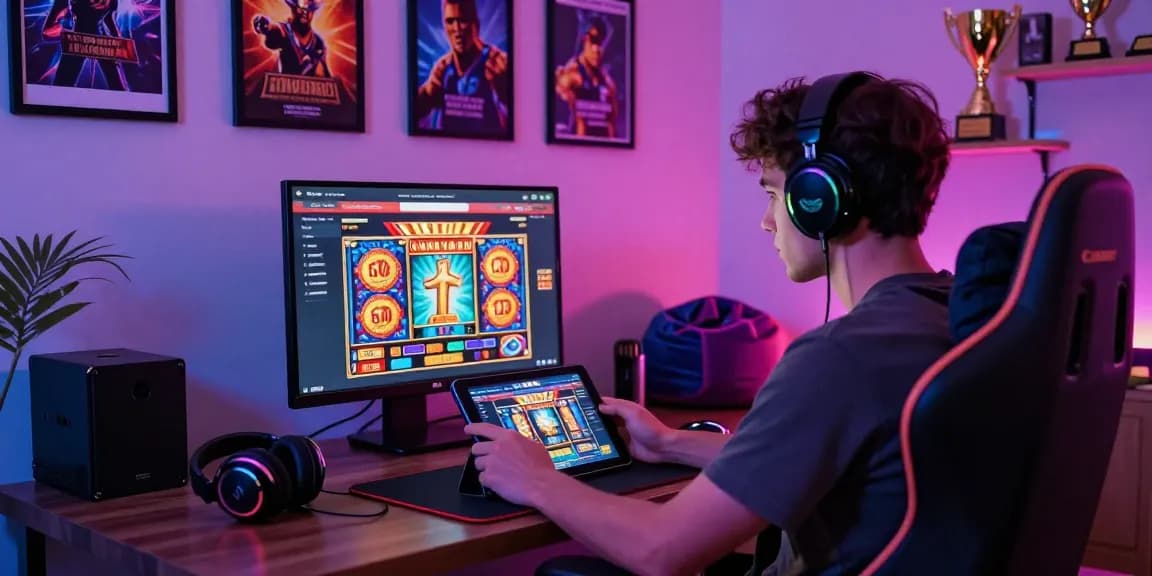 A gamer exploring exciting new online slot sites on a tablet amidst colorful slot graphics and vibrant gaming accessories.
