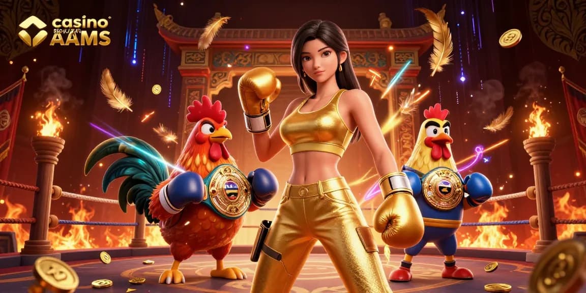 Interagisci con casinò sicuri non AAMS attraverso questa vivace illustrazione 3D ricca di azione che presenta una donna forte e un gallo in cartone animato.
