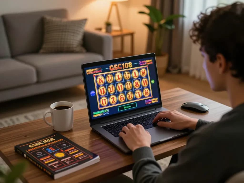 Login GSC108 saat bermain slot online di laptop dalam pengaturan rumah yang nyaman