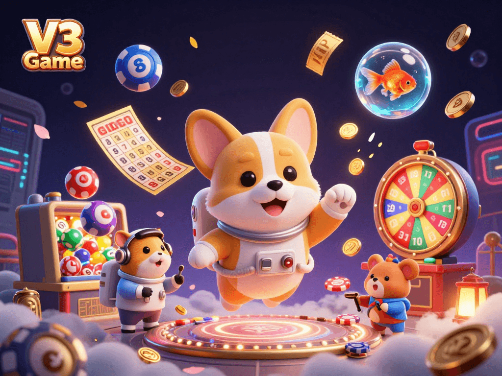 Experience vibrant gaming excitement with V3 Game in a dynamic space casino illustration.