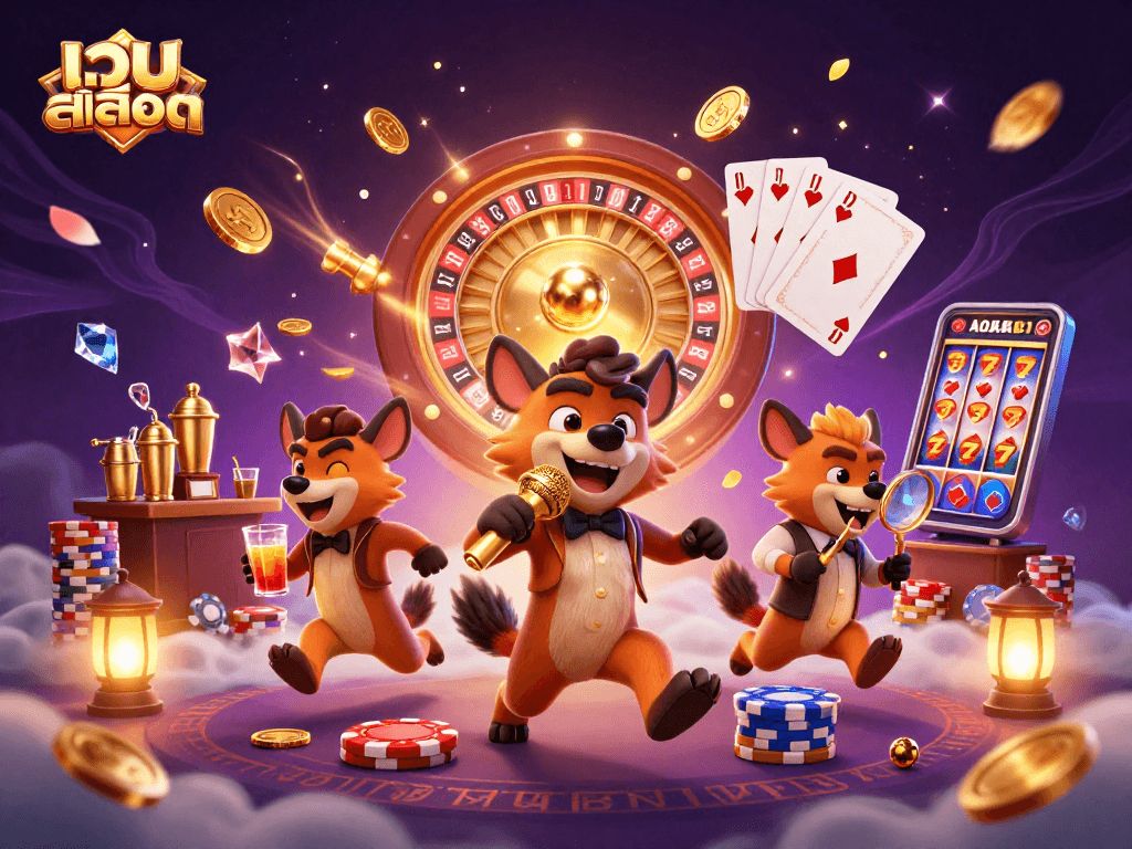 Play slot games at เว็บสล็อต, featuring hyenas in a vibrant casino setting with sparkling gems and golden coins.