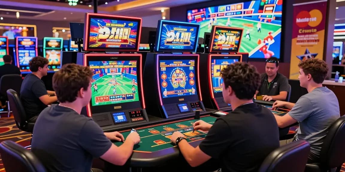 Exciting scene at credit card casinos at https://being-there.org.uk, showcasing diverse players enjoying games with vibrant graphics and Mastercard promotions.