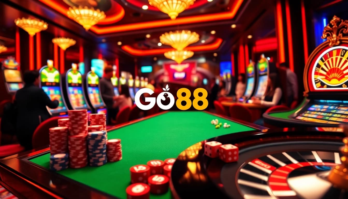 Experience the thrill of tải game go88 with engaging casino elements like poker chips and vibrant slot machines.