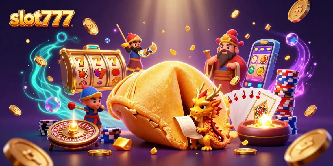 Experience the excitement of slot777 with a vibrant 3D illustration featuring a golden fortune cookie and dynamic game elements.