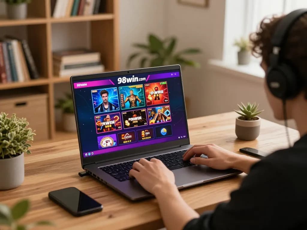 Engaged user enjoying diverse games on 98win com from a cozy home setup, optimizing gaming strategies.