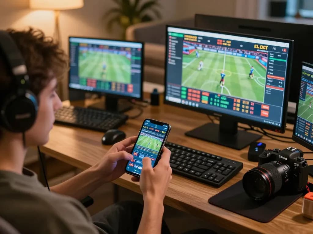 Jun88 user engaging in sports betting on a smartphone, focusing on live odds in a warm home setting