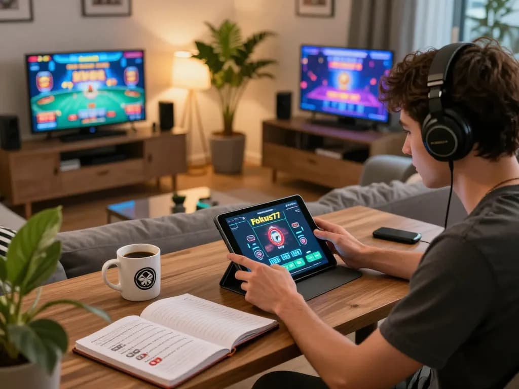 Engaging gameplay on Fokus77 through tablet in cozy home environment.