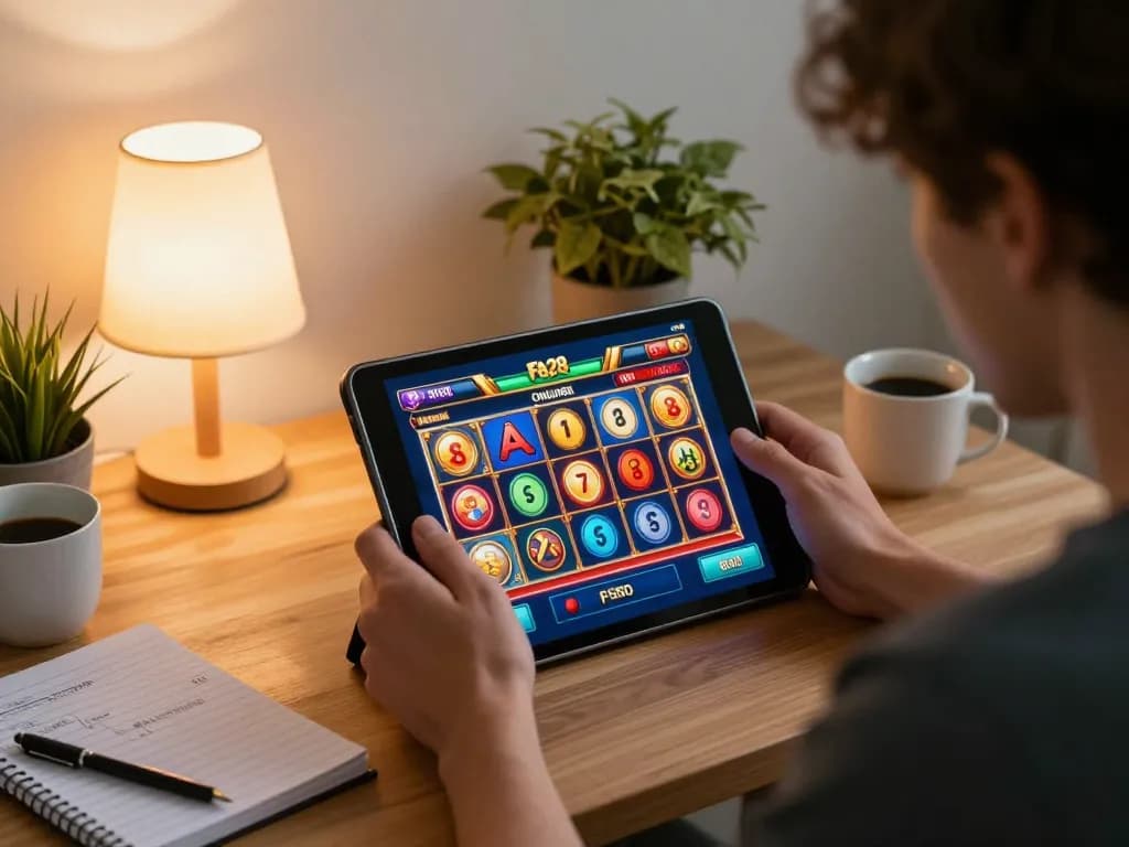 Engaging with FAFA 828 online slots on tablet in a cozy home setting.