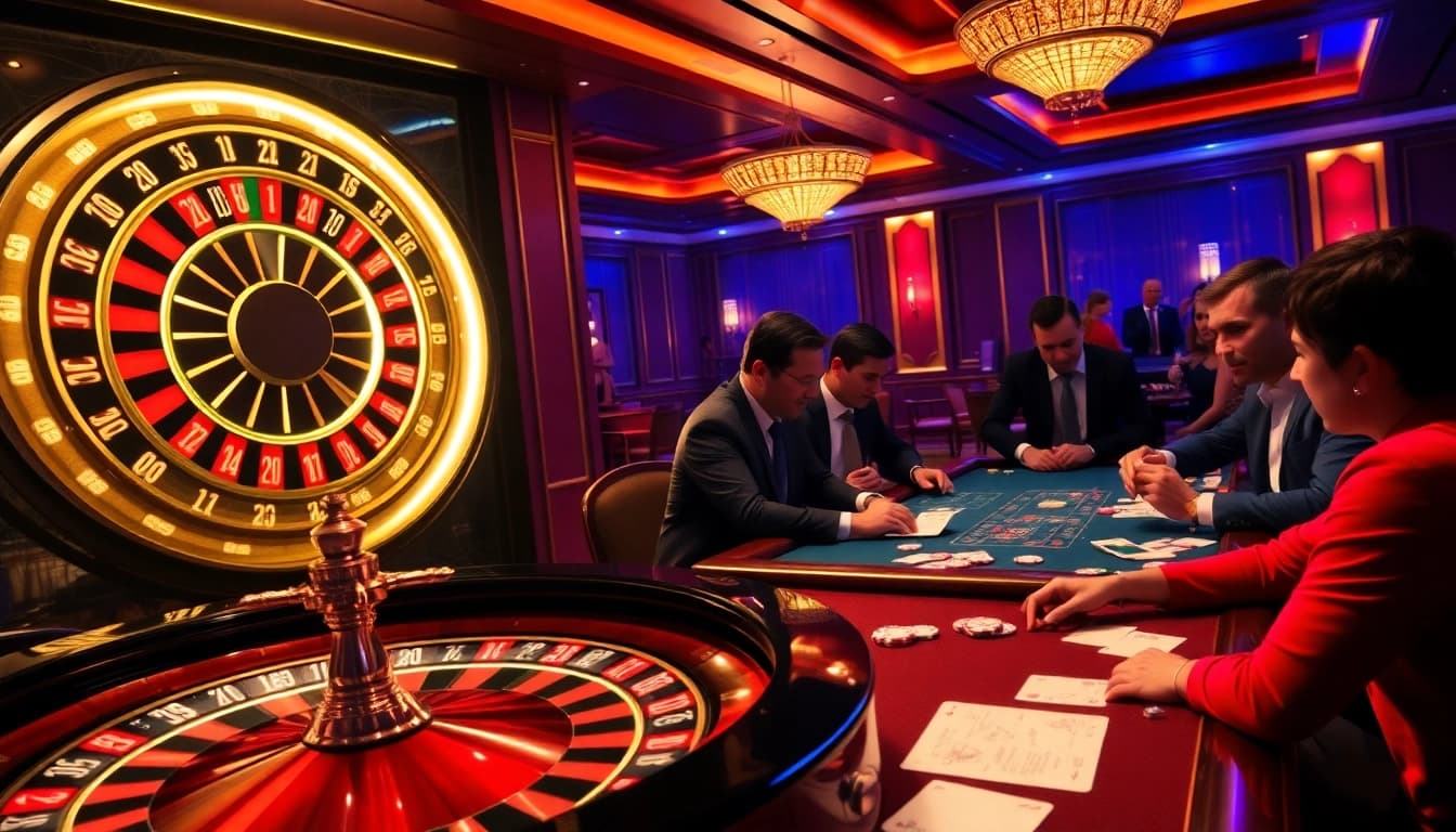 Exciting casino scene depicting gamblers playing roulette, with a focus on Ketquaxoso betting strategies.
