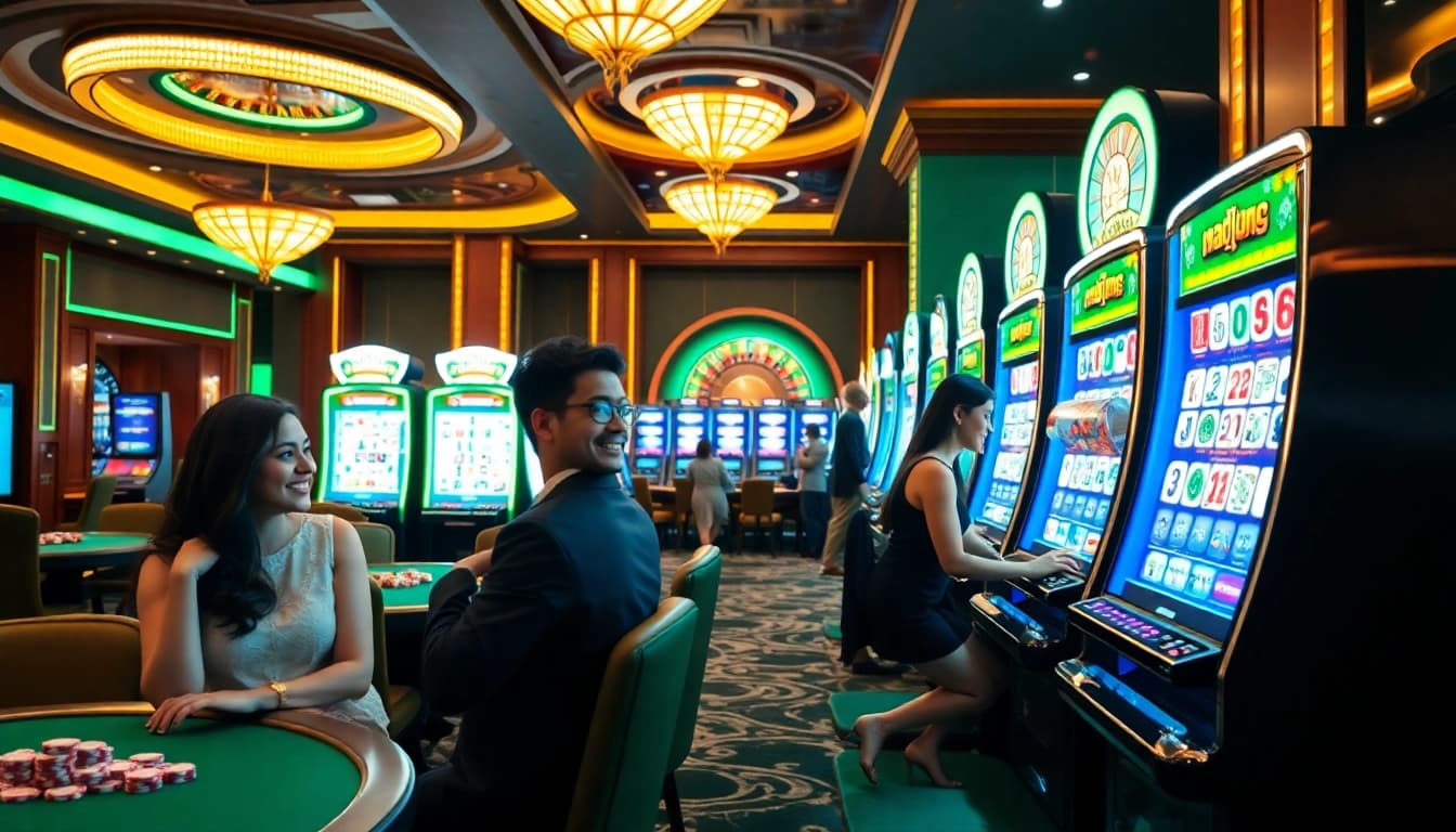 Players enjoying Slot Mahjong machines in a luxurious casino environment.