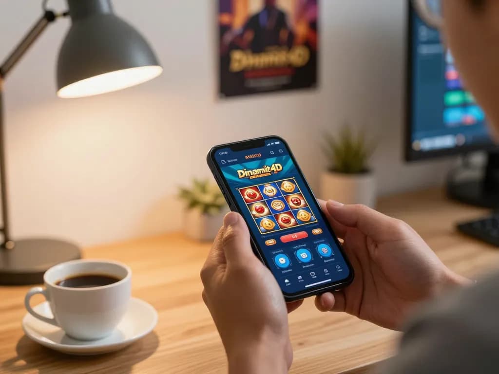 Person enjoying mobile gambling on Dinamit4D app inside a cozy home setting