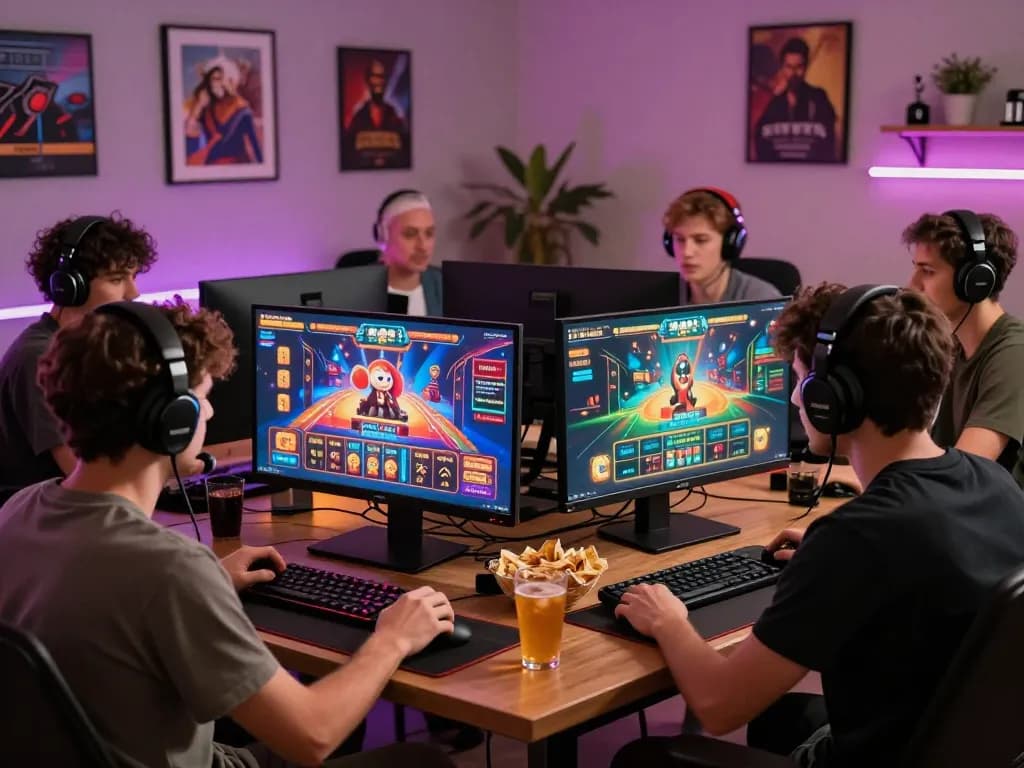 Exciting moment of đăng nhập nk88 for online gaming with friends in a cozy home setup, multiple screens displaying vibrant visuals.