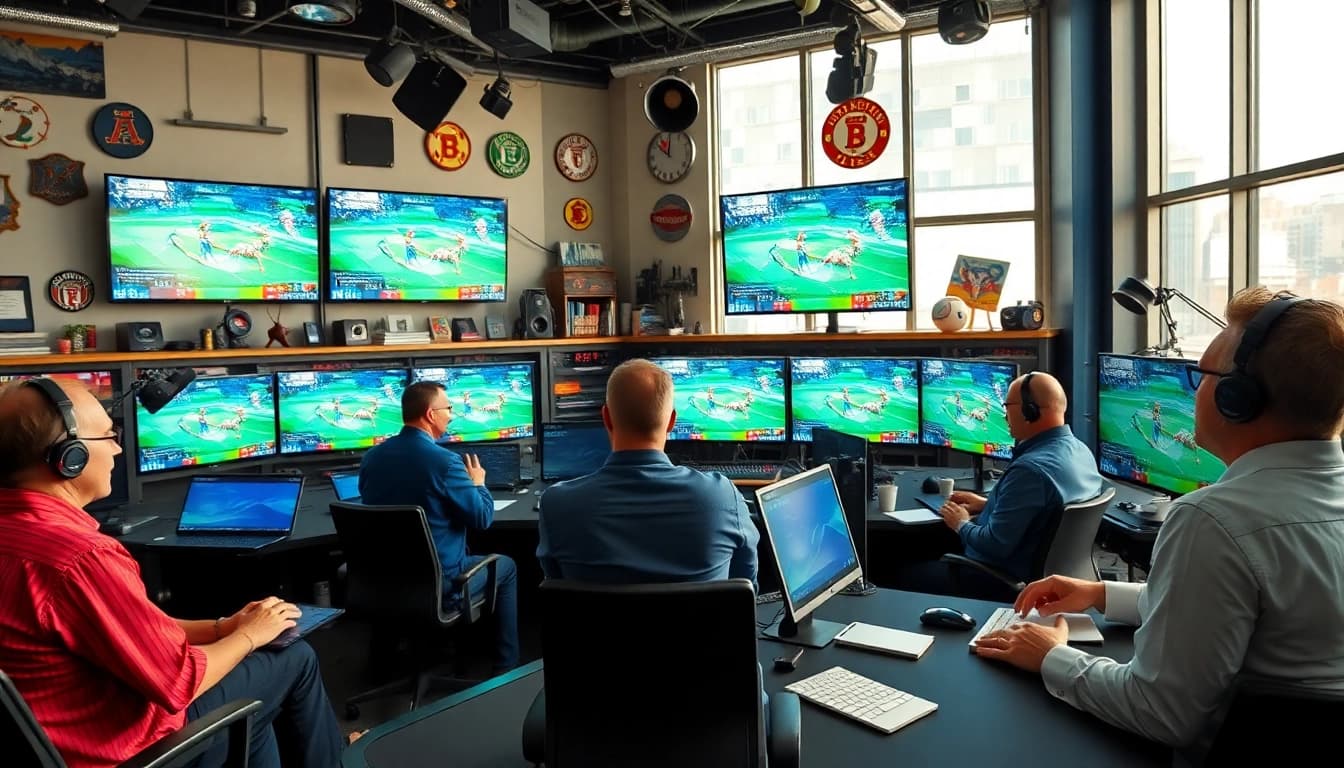 Engaging scene of sports broadcasting with dynamic commentators and live feeds, showcasing Sports Broadcasting excitement.