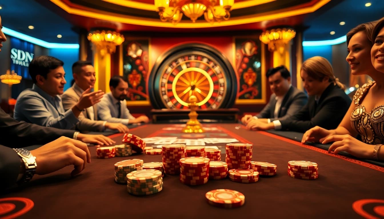 IDN Slot gaming table with vibrant poker chips and excited players in a luxurious casino setting.