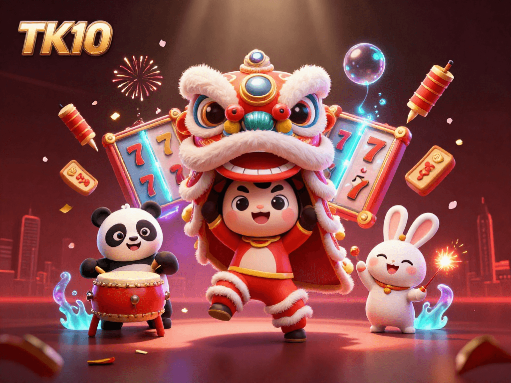 Engage in thrilling slot games at TK10 with vibrant characters and dynamic elements in a captivating 3D scene.